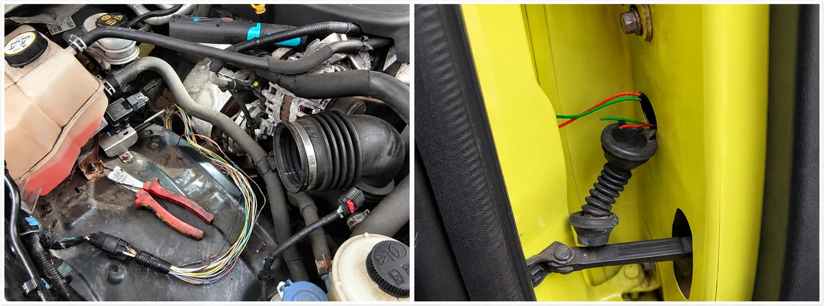 Auto electrical repairs in Newcastle: repairing wiring in an engine bay, and working on a door loom where the wiring passes into the door