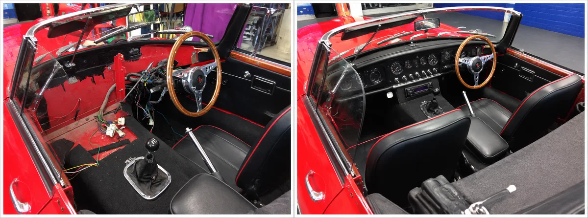 Classic car wiring in Newcastle: a Jaguar E-Type interior stripped back with the loom and bullet connectors exposed, and the same car with the dashboard refitted