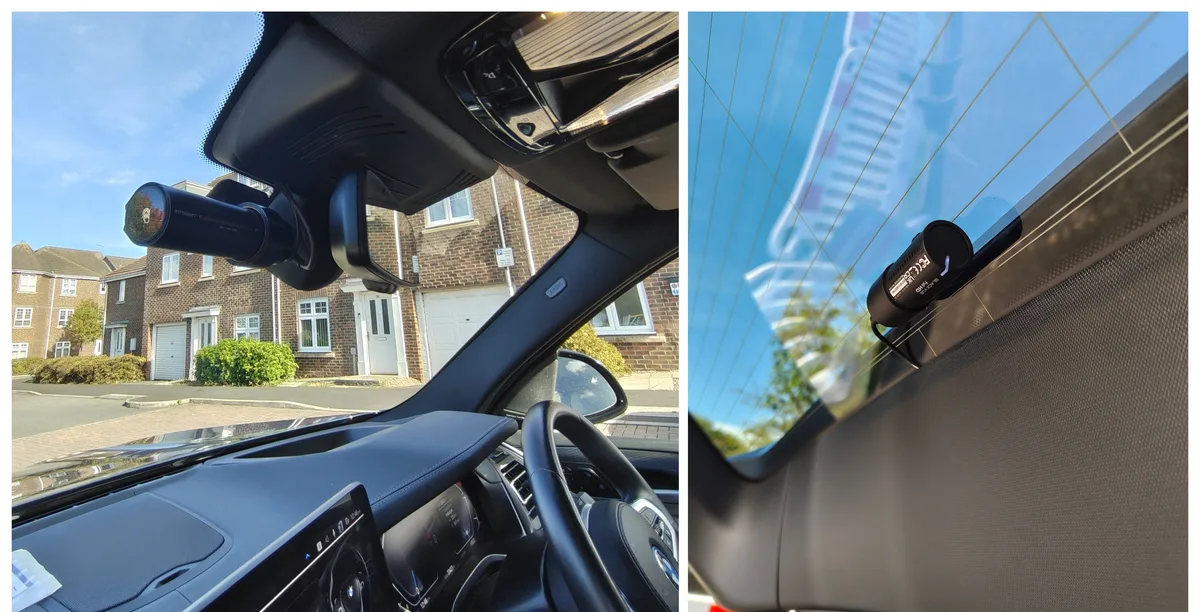Dash cam fitting in Newcastle: a front camera fitted neatly beside the mirror, and a rear camera on the back window with the cable hidden in the trim