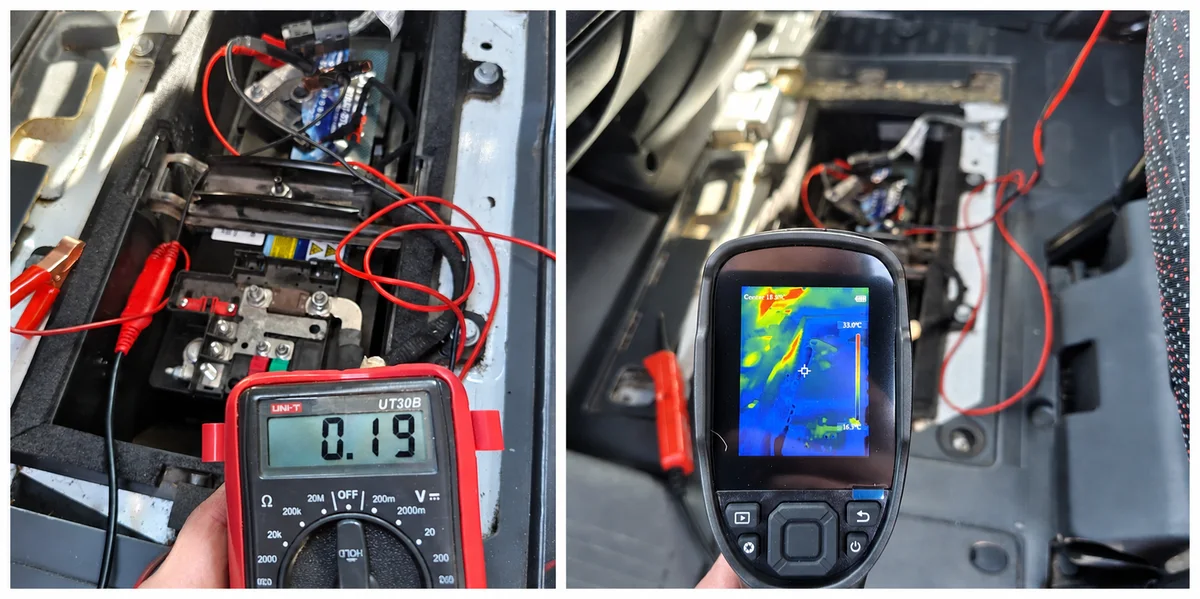 Battery drain testing in Newcastle: measuring the current still being drawn at the battery with a multimeter, and using a thermal imaging camera